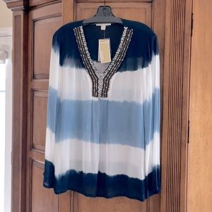 Michael Kors beautiful long sleeved beaded neckline blouse.